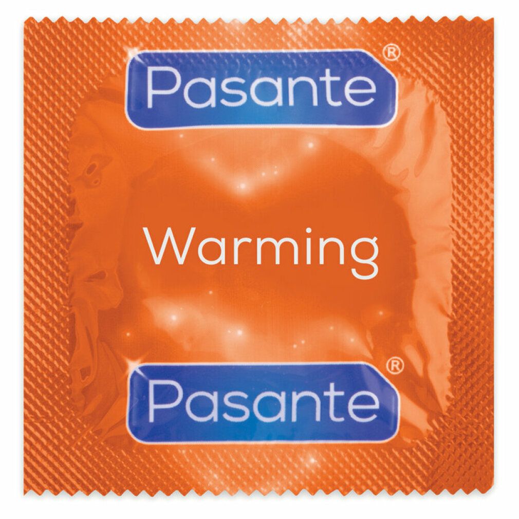 Einzelverpackung. Orangefarbene Folie mit Produktnamen und Markennamen. Text: Warming, Pasante. Bläulich-weiße Schrift.