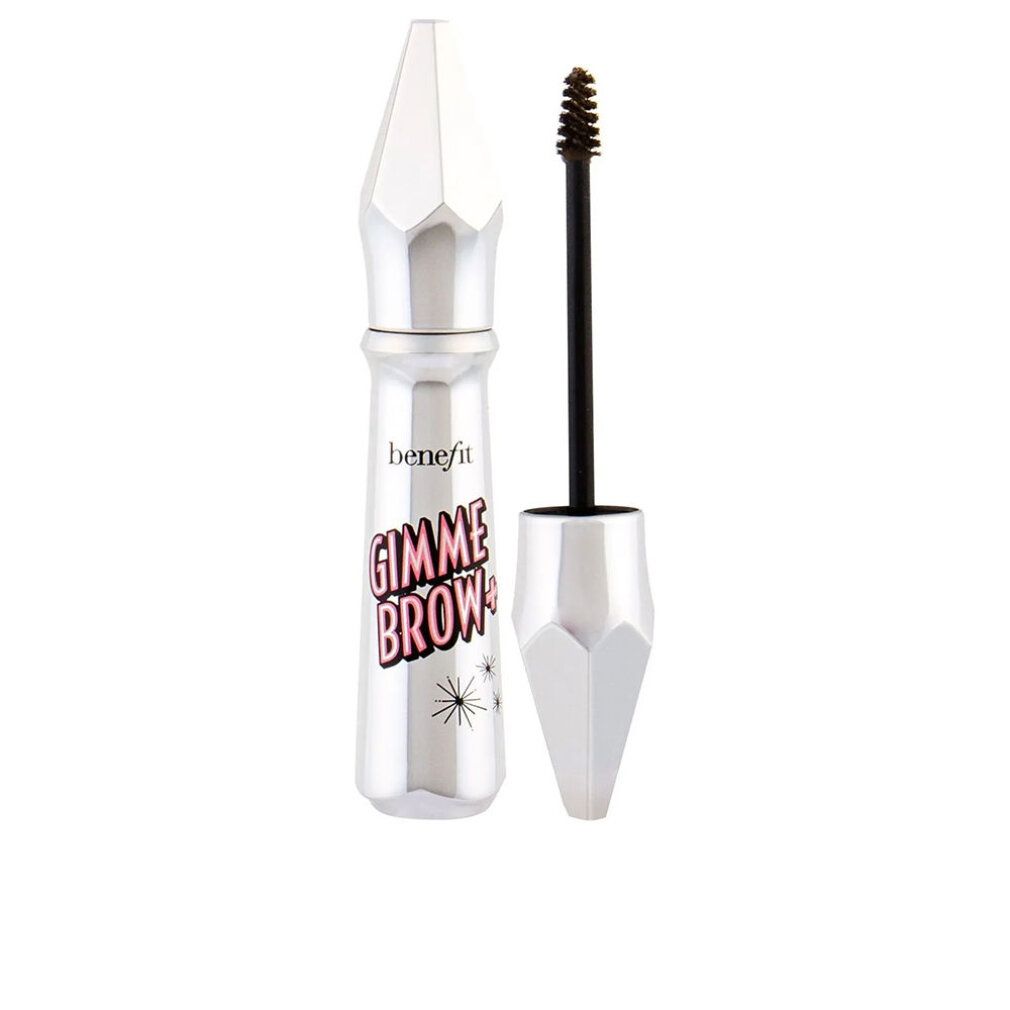 Silberne Tube mit schwarzer Bürste. Aufschrift: Benefit Gimme Brow+. Schwarze Bürste mit braunen Fasern.
