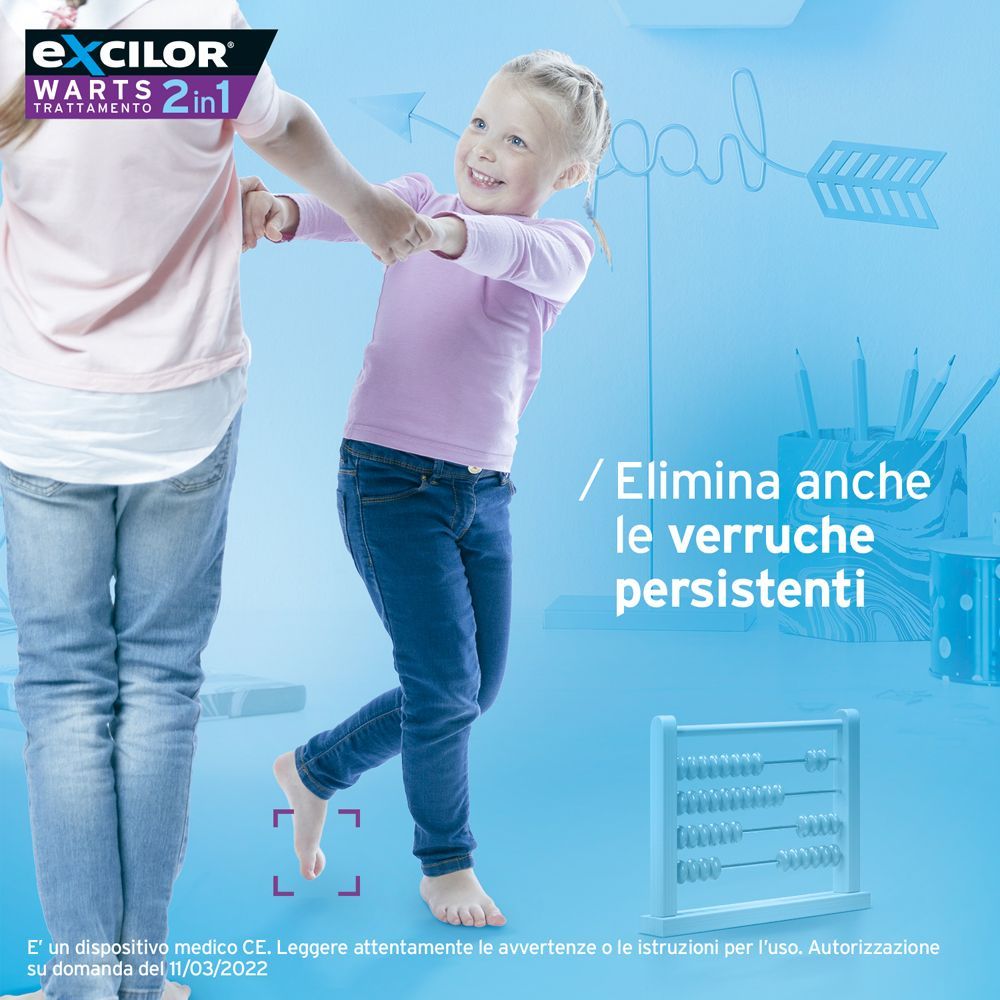 Due bambini giocano. Testo: 'Elimina anche le verruche persistenti'. Un abaco sullo sfondo.