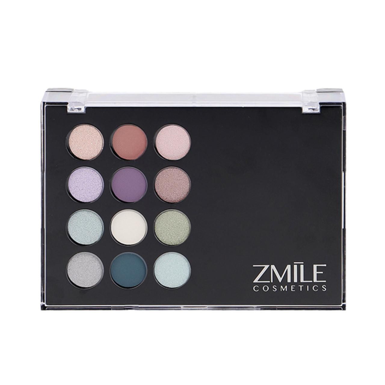 Lidschatten-Palette mit 12 Farben. Schwarzes Gehäuse mit transparentem Deckel. ZMILE Cosmetics Logo.