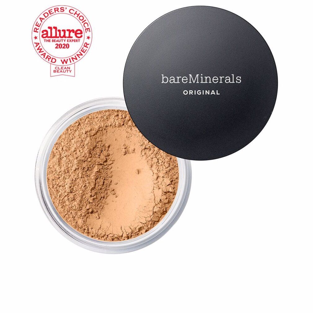 Offene Dose BareMinerals Original Foundation mit Deckel. Text: bareMinerals ORIGINAL. Auszeichnung: Allure Readers' Choice Award 2020. Helles Puder.