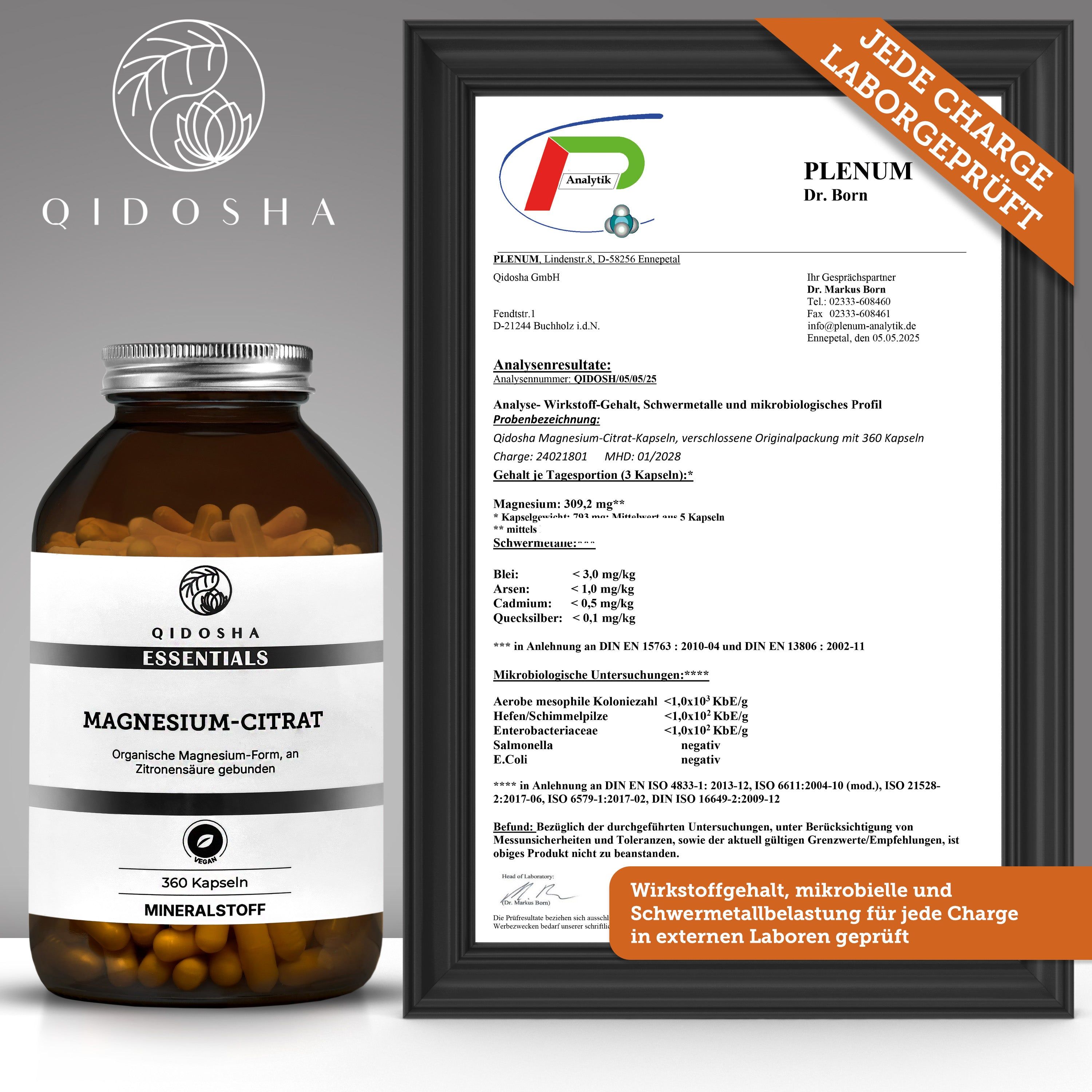 Qidosha Magnesium-Citrat Kapseln in brauner Glasflasche, 360 Stück, mit Laborprüfzertifikat.