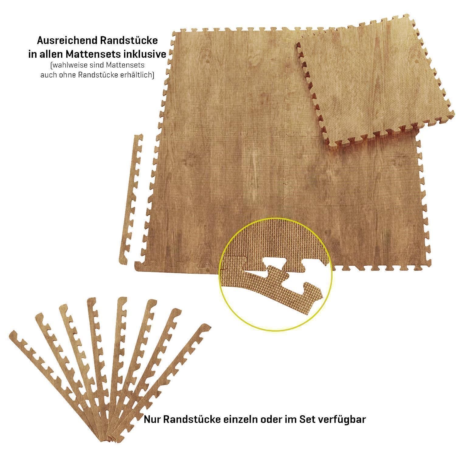 Braune Schutzmatten in Holzoptik. Puzzle-Design mit Zahnkanten. Randstücke. Detailansicht der Oberfläche mit Holzmaserung. Text.