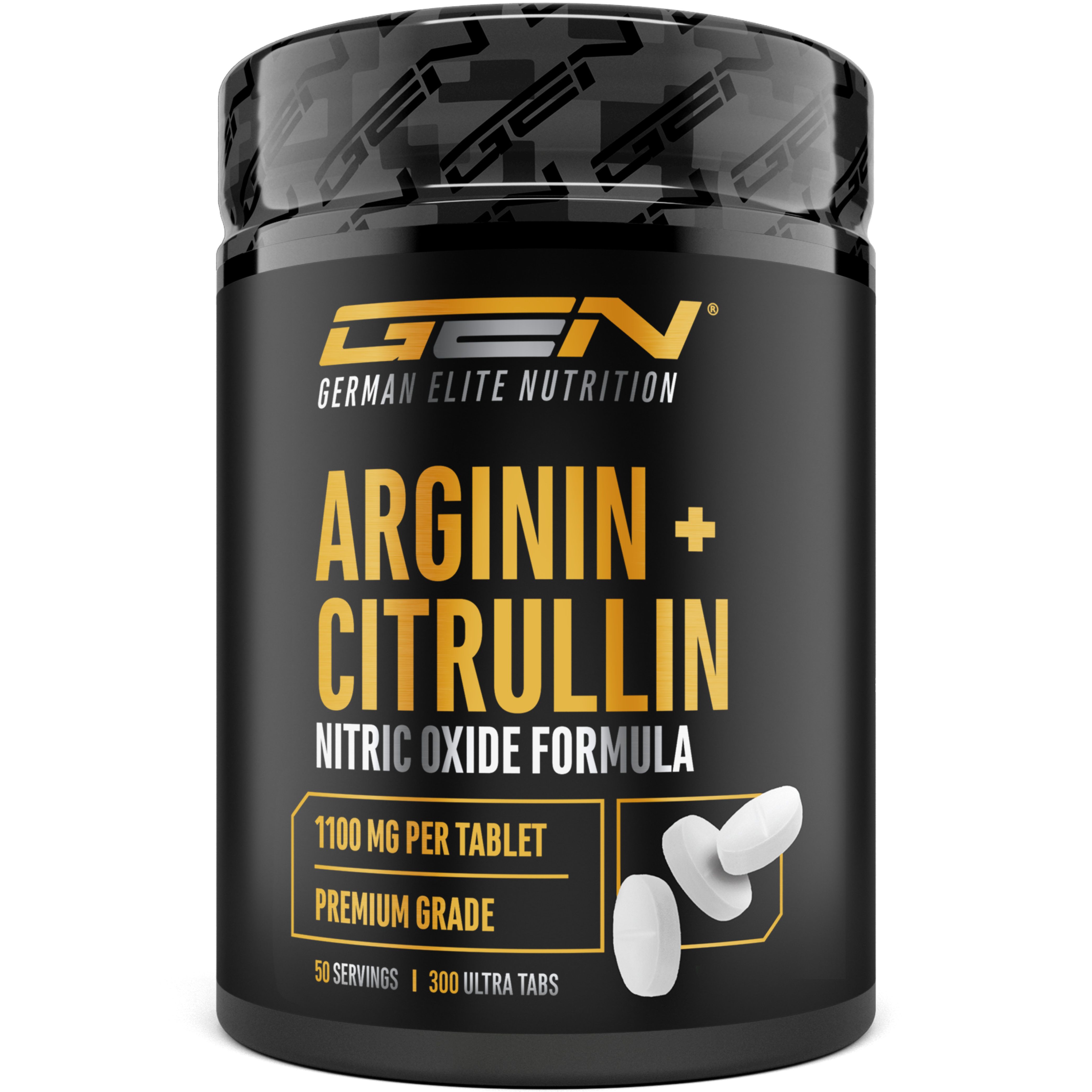 Schwarze Dose mit weißem Deckel. Aufschrift: GEN ARGININ + CITRULLIN. 1100 mg pro Tablette, Premium Grade, 50 Servings, 300 Ultra Tabs. Tabletten daneben.