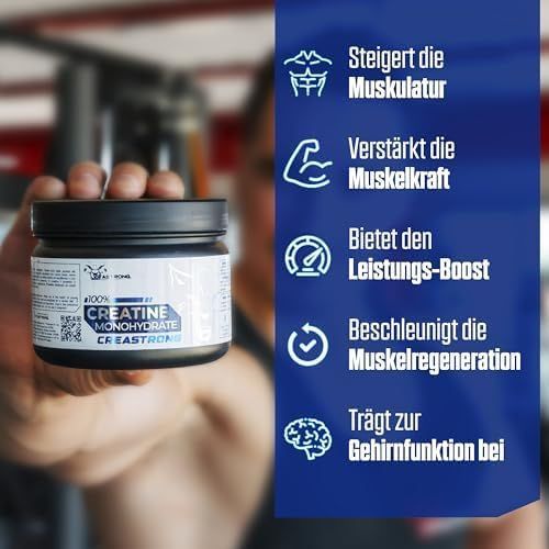 Person hält Dose Creastrong®. Text: Steigert die Muskulatur, verstärkt die Muskelkraft, Leistungs-Boost.