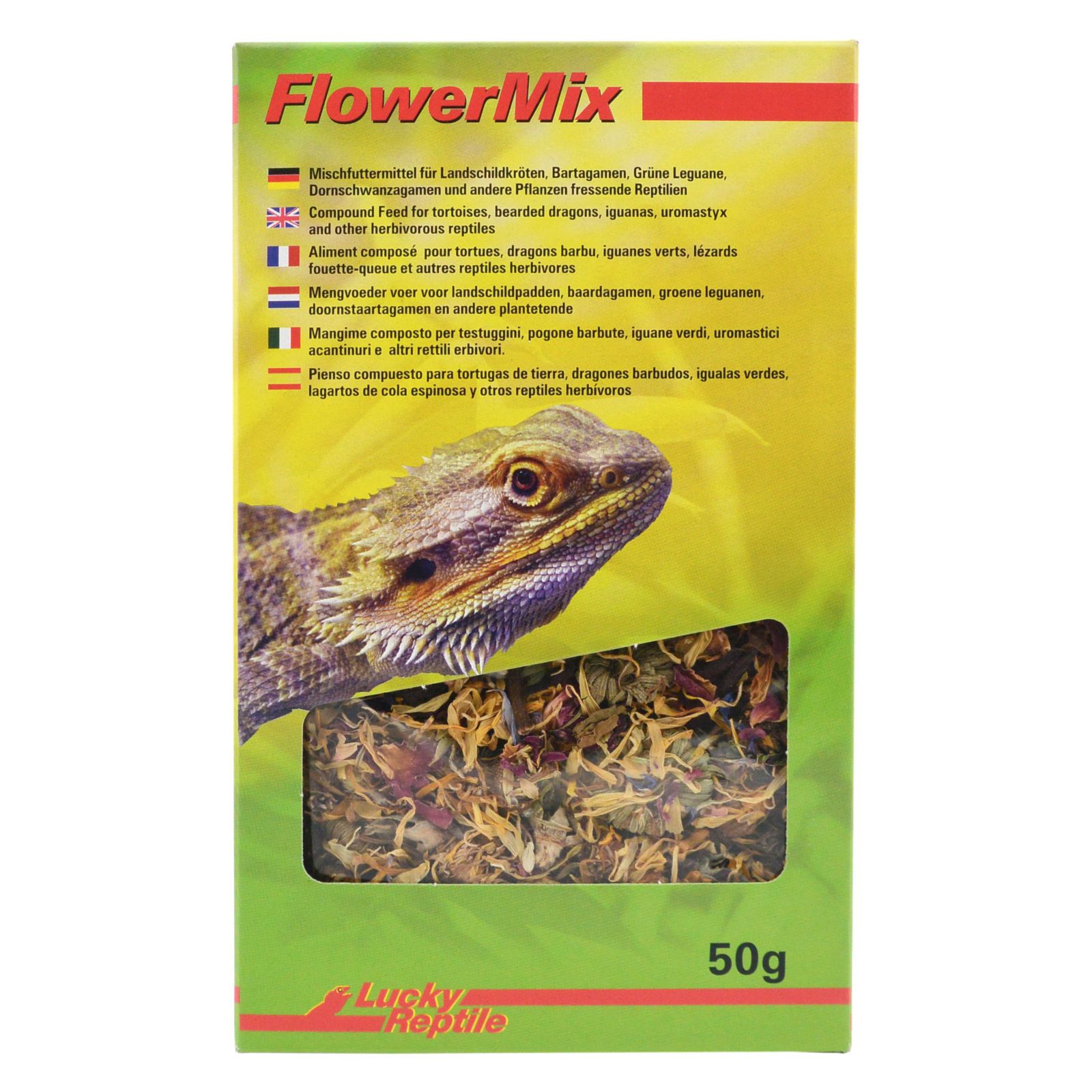 Verpackung von Lucky Reptile FlowerMix. Grün-gelbe Verpackung mit Reptilien-Abbildung und Sichtfenster. 50g.