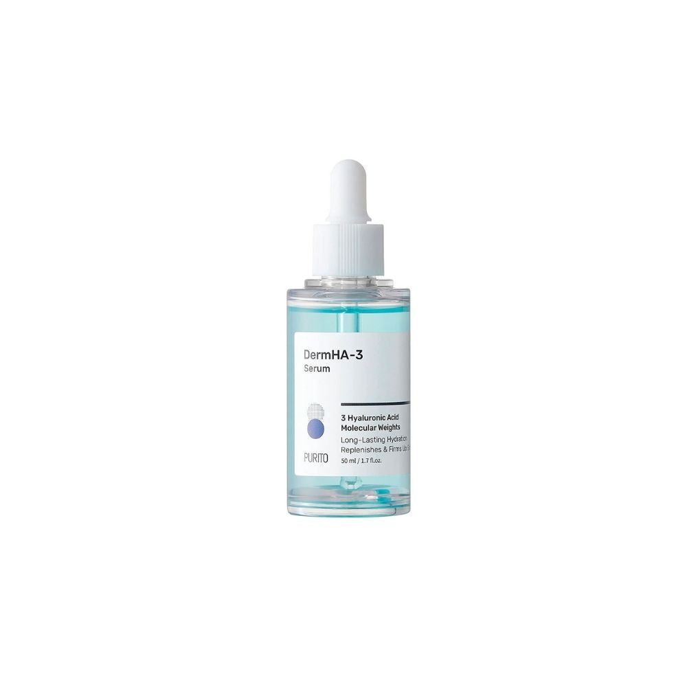 Purito DermHA-3 Serum. Flasche mit blauer Flüssigkeit und Pipette. Aufschrift: DermHA-3 Serum, 3 Hyaluronsäuren.