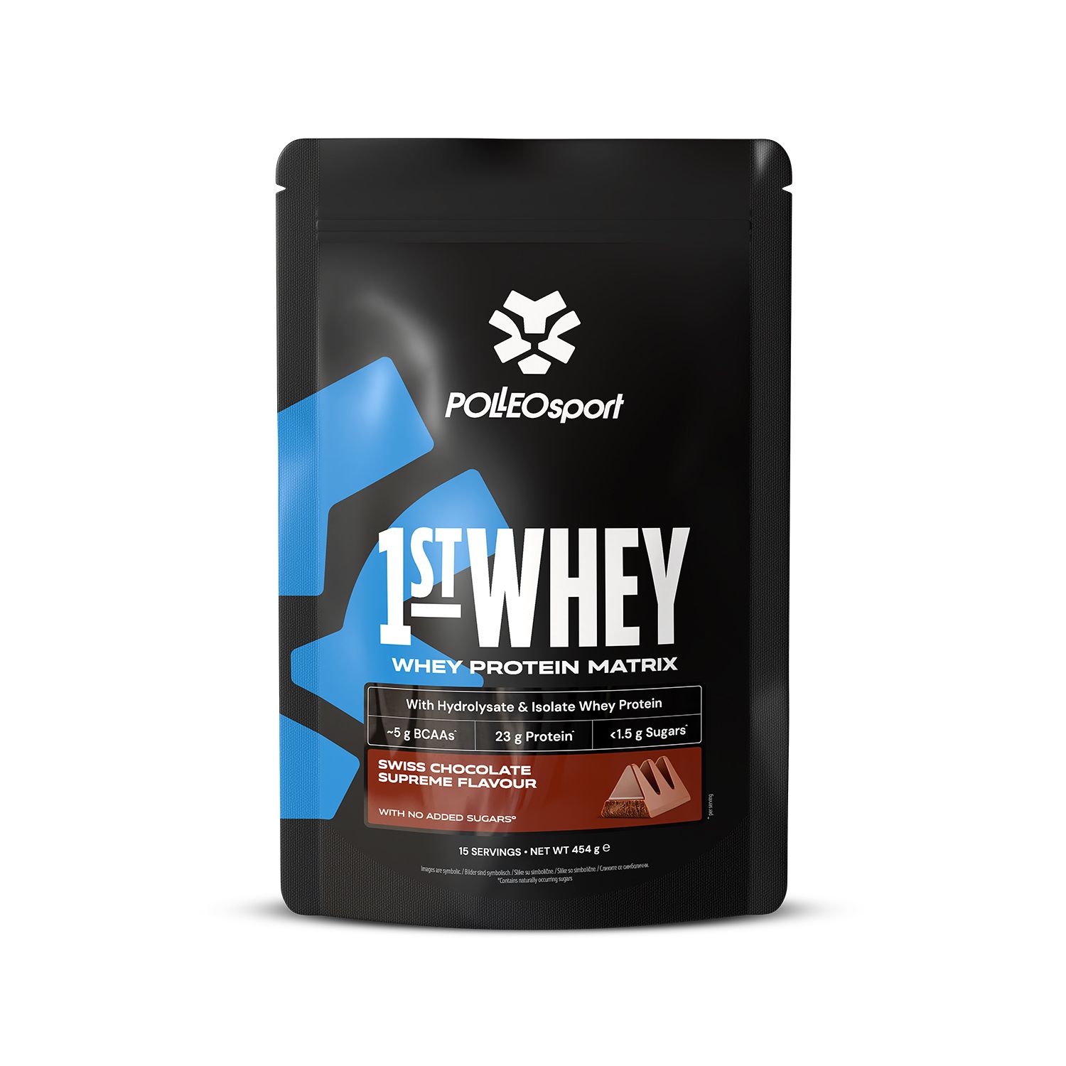 Schwarzer Beutel mit "1ST:WHEY"-Aufdruck. Enthält Whey Protein Matrix. Swiss Chocolate Supreme. 454g.