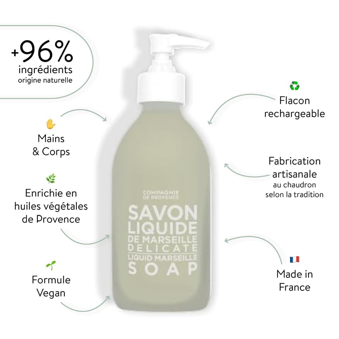Grüne Flasche mit Pumpe. Text: Savon Liquide, Liquid Marseille Soap, Delicate. Mit Icons.