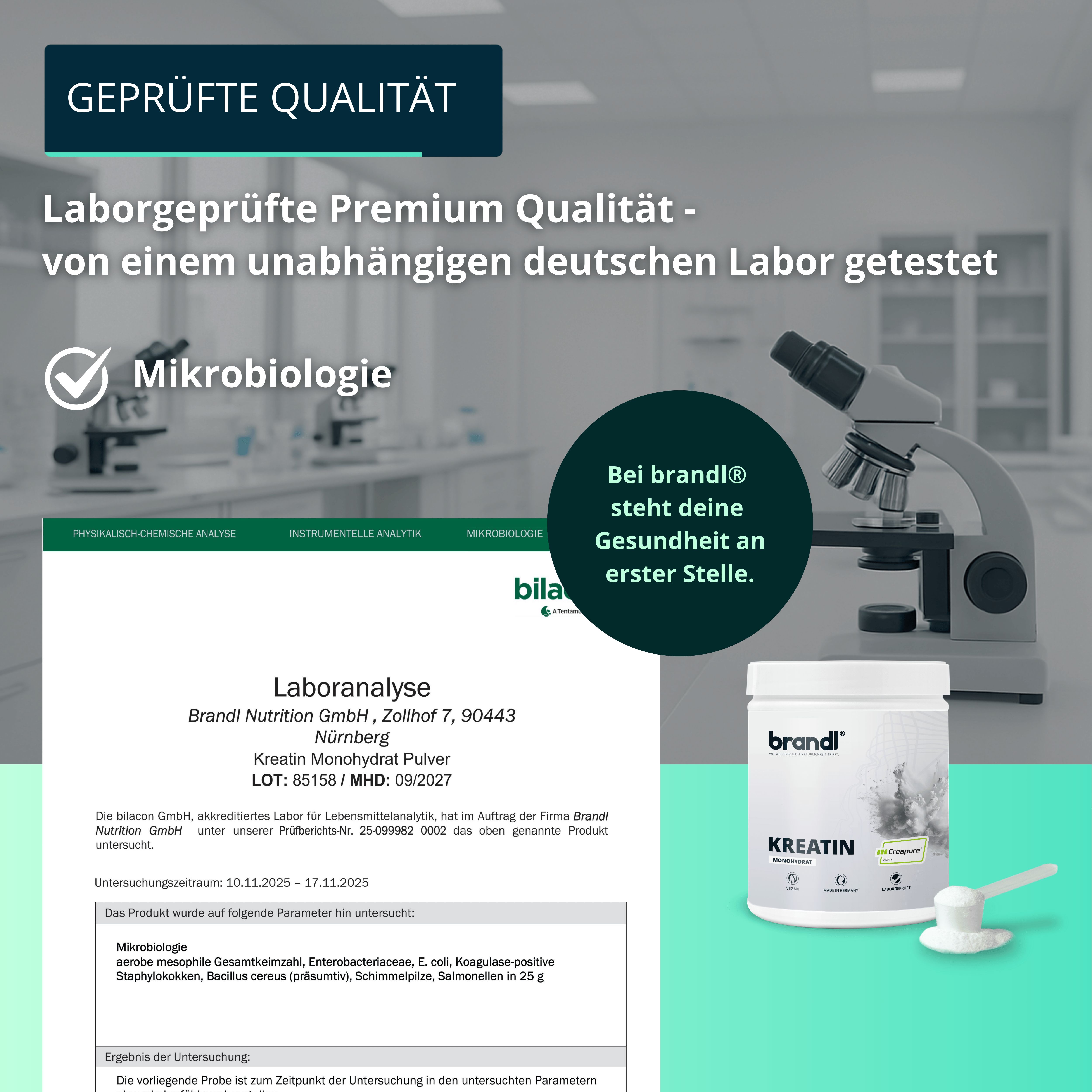 Laboranalyse mit Mikroskop und Produkt. Text: Laborgeprüfte Premium Qualität. Text: Mikrobiologie. Dose mit „Kreatin“ und Messlöffel.