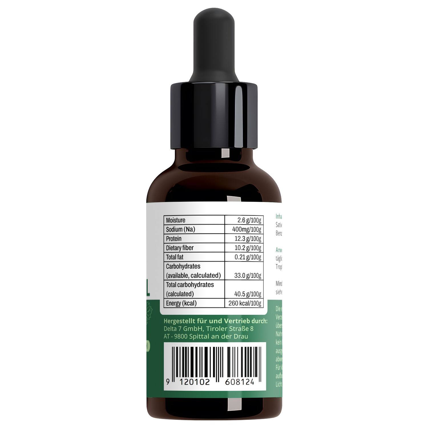 Rückseite einer braunen Tropfenflasche mit Nährwertangaben und Barcode auf dem Etikett.