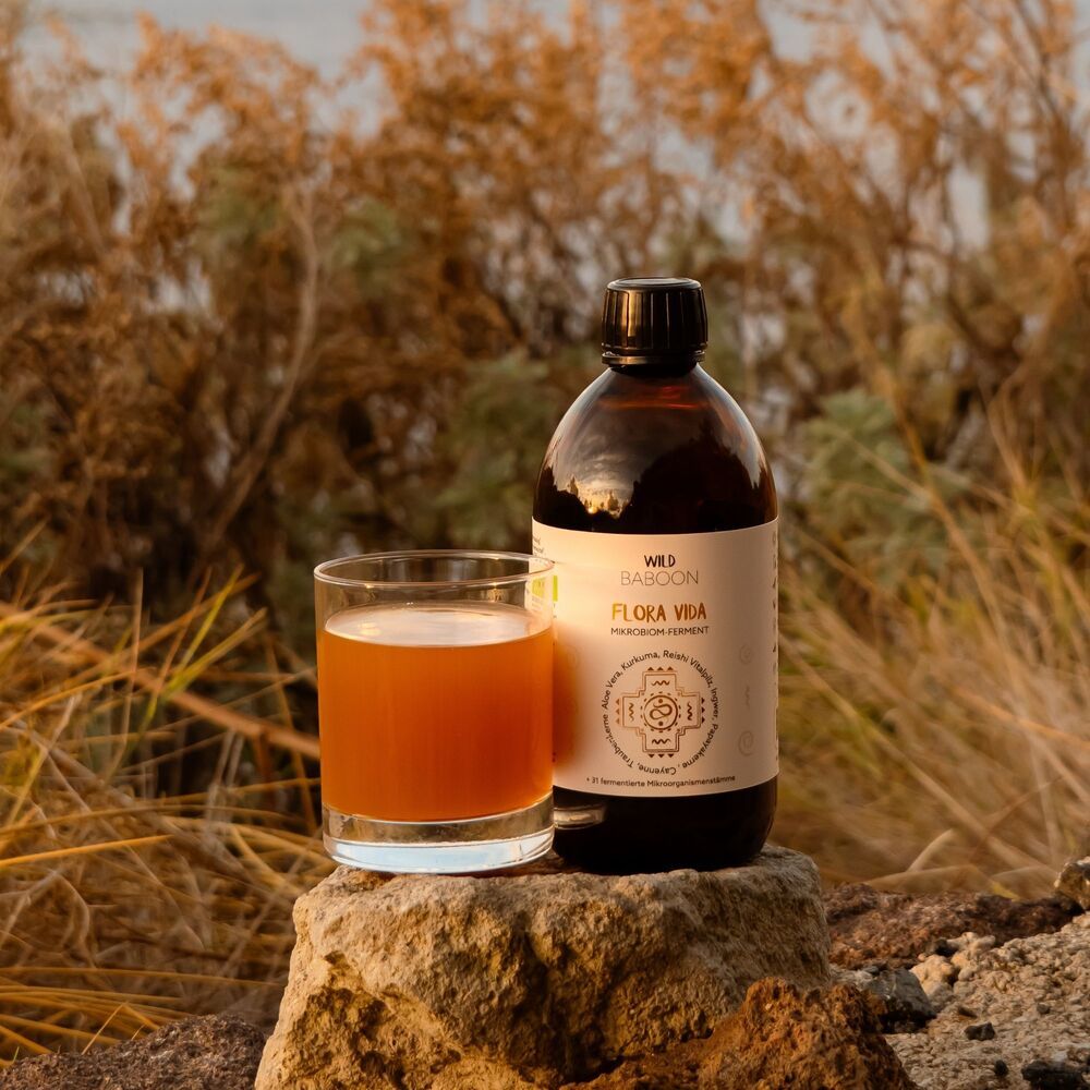 Braune Glasflasche und Glas mit Flüssigkeit. Aufschrift: FLORA VIDA. Hintergrund: Pflanzen und Steine.