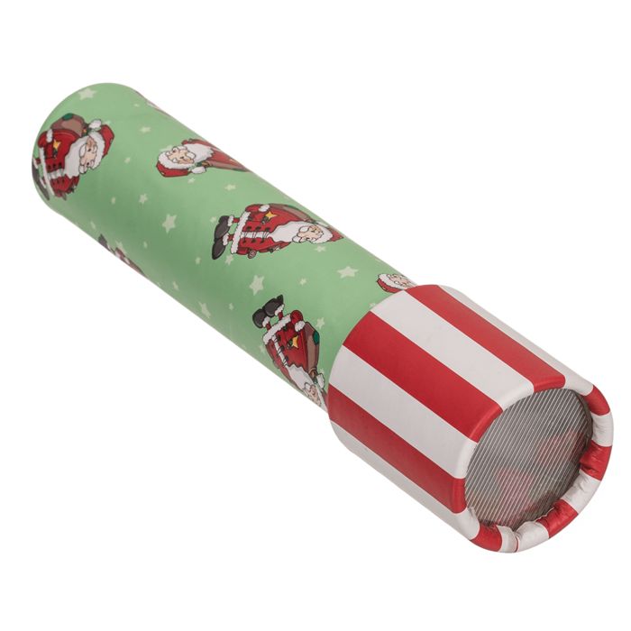 Kaleidoskop mit Weihnachtsmann-Muster, rot-weiß gestreiftem Deckel. Schräge Ansicht, zeigt das Innere.