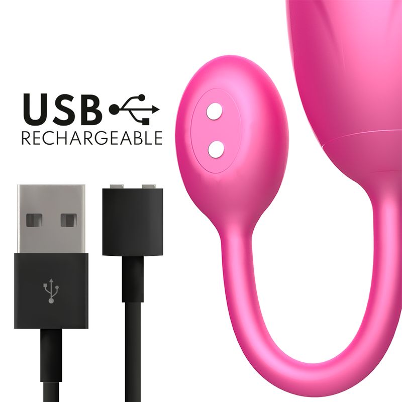 Rosa Ei mit USB-Ladeanschluss. USB-Kabel und Stecker. Zwei Knöpfe.