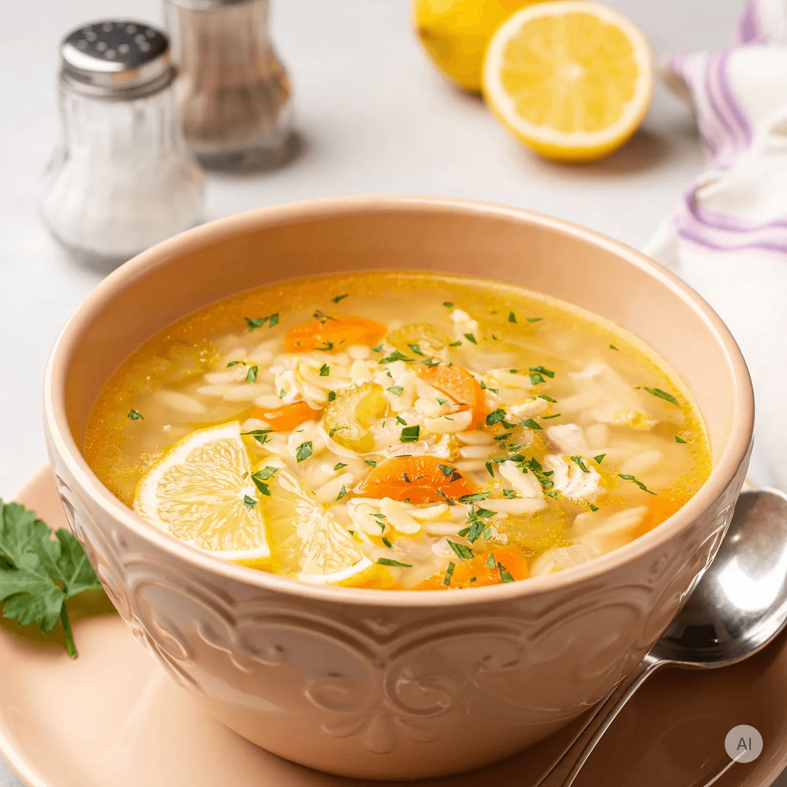 Hühner-Nudel-Suppe mit Karotten und Zitrone in einer Schüssel.