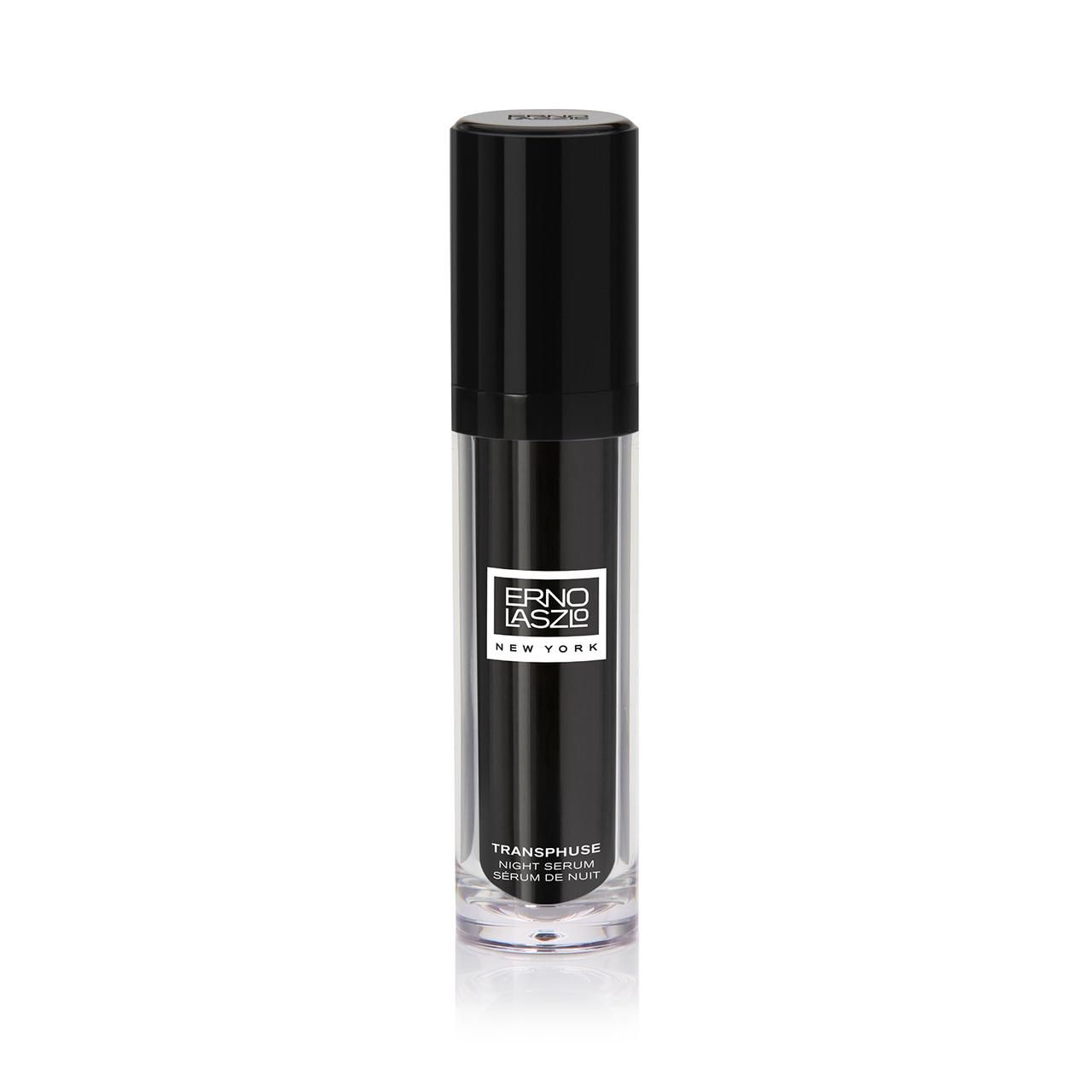 Transphuse Night Serum von Erno Laszlo. Schwarze Flasche mit schwarzem Deckel. Weißes Etikett mit Logo und Text.