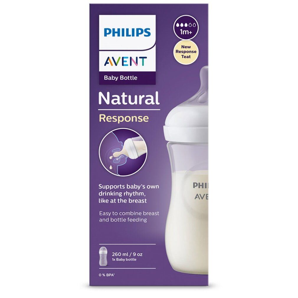 Babyflasche mit Verpackung. Die Flasche ist transparent mit weißem Sauger. Auf der Verpackung steht "PHILIPS AVENT Baby Bottle Natural Response".