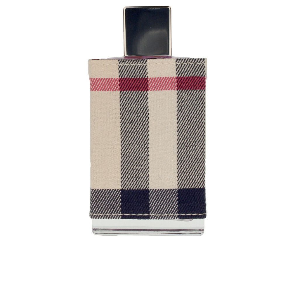 Burberry London Eau de Parfum Flakon. Rechteckige Form, kariertes Muster, schwarzer Deckel. Klarer Glasflakon.