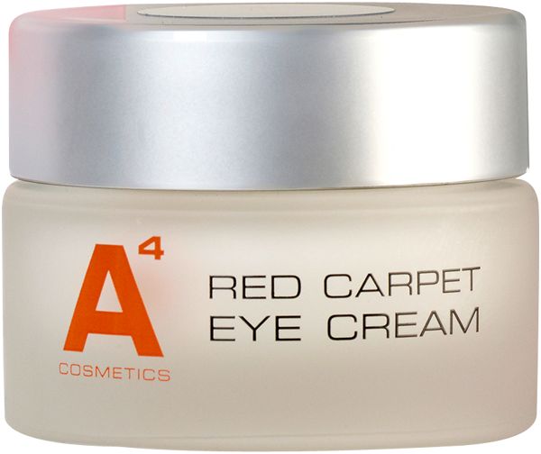 Cremebehälter mit silbernem Deckel. Aufschrift: A4 Cosmetics, Red Carpet Eye Cream.