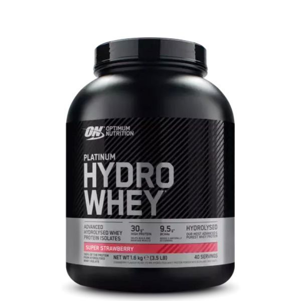 Schwarze Dose mit "OPTIMUM NUTRITION Platinum HydroWhey". Aufschrift "Super Strawberry". Enthält 1,6 kg (3,5 lb).