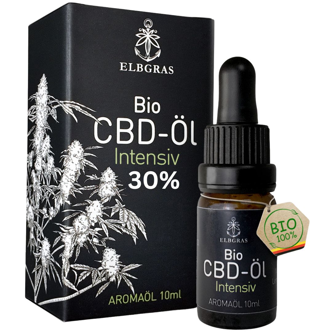Elbgras Bio CBD Öl 30% Intensiv in dunkler Glasflasche mit Pipette und Umverpackung.