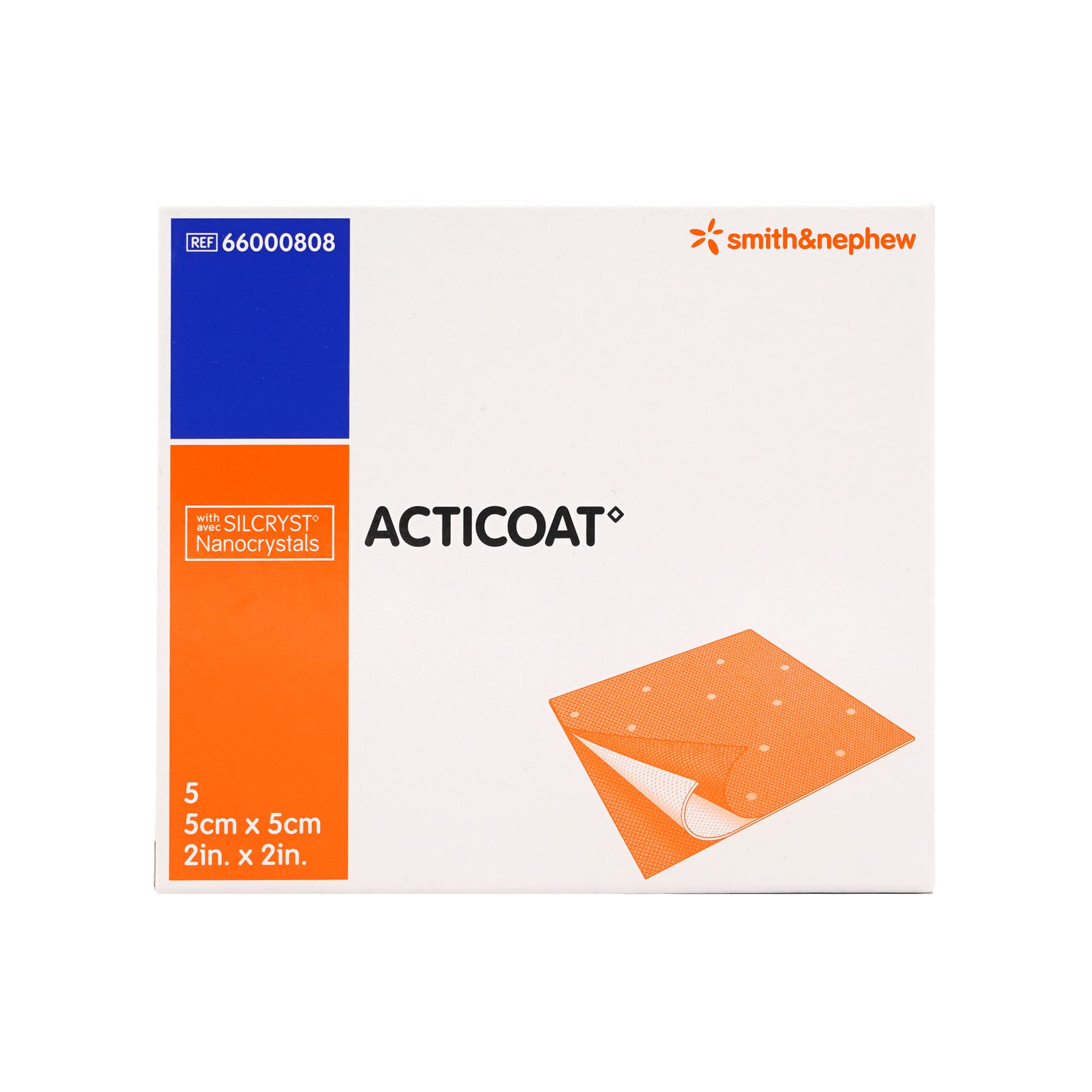 Verpackung mit ACTICOAT Wundauflage. Orangefarbene Auflage, 5x5cm, teilweise geöffnet. Marke Smith & Nephew.