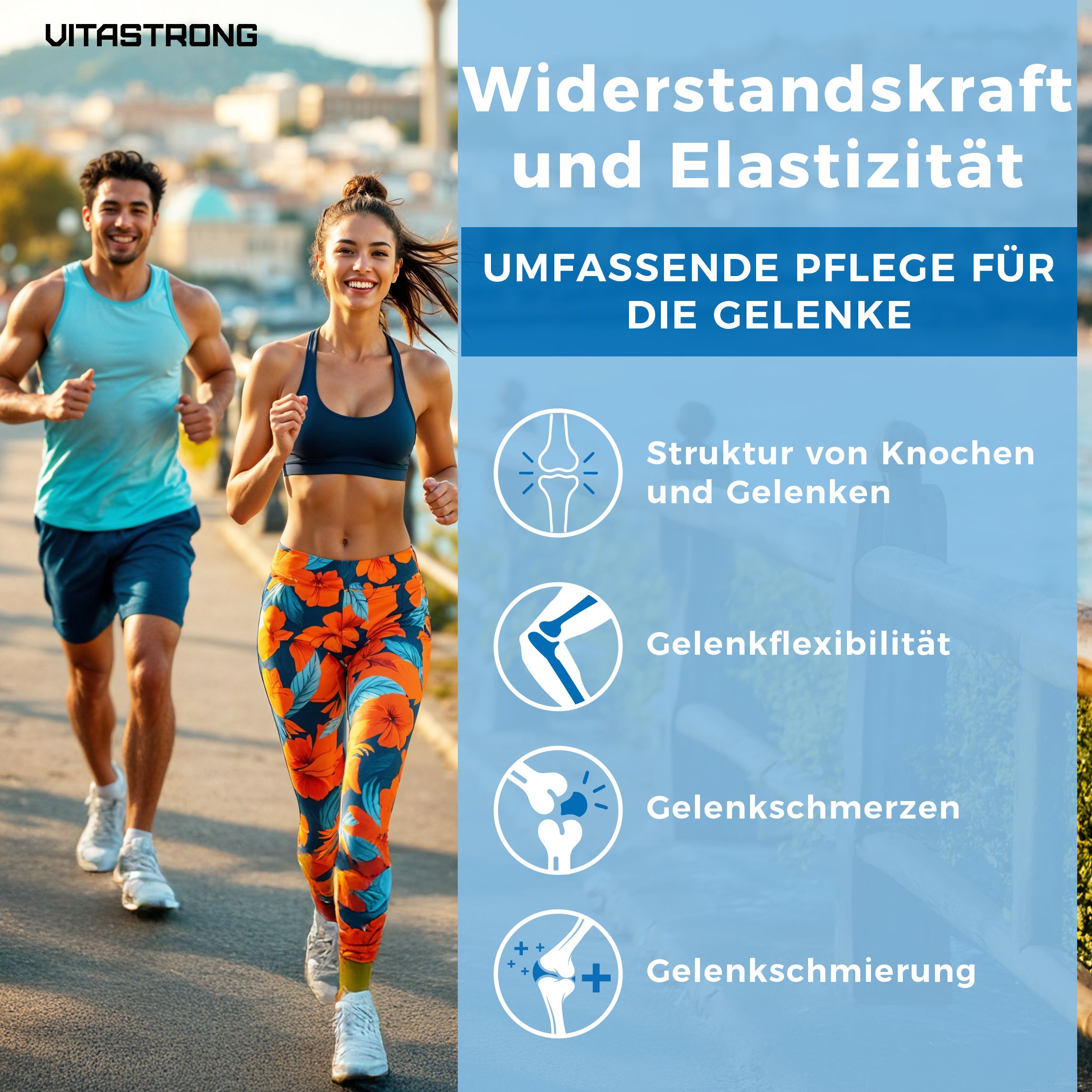 Vitastrong Kollagen + Hyaluronsäure. 180 Tabletten. Läuferpaar. Vorteile für Gelenke: Struktur, Flexibilität, Schmerzen.