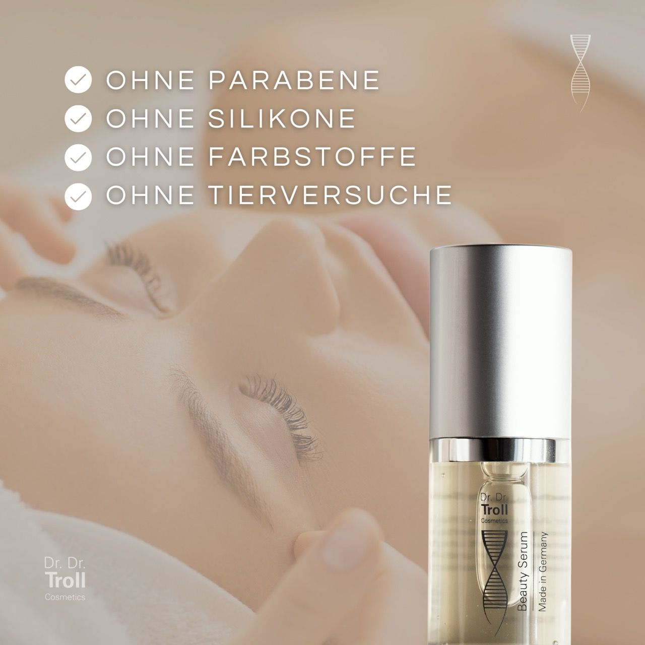 Dr. Dr. Troll Beauty Serum. Flasche mit silberner Kappe. Text: Ohne Parabene, Silikone, Farbstoffe, Tierversuche.