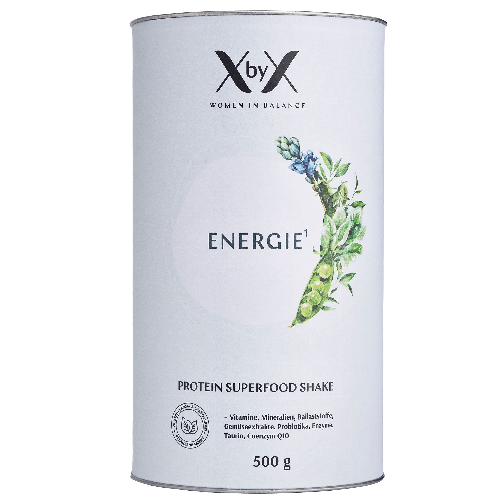 Weißer Behälter mit 'XbyX Energie'. 'Protein Superfood Shake'. 500g. Inhaltsstoffe: Vitamine, Mineralien, etc.