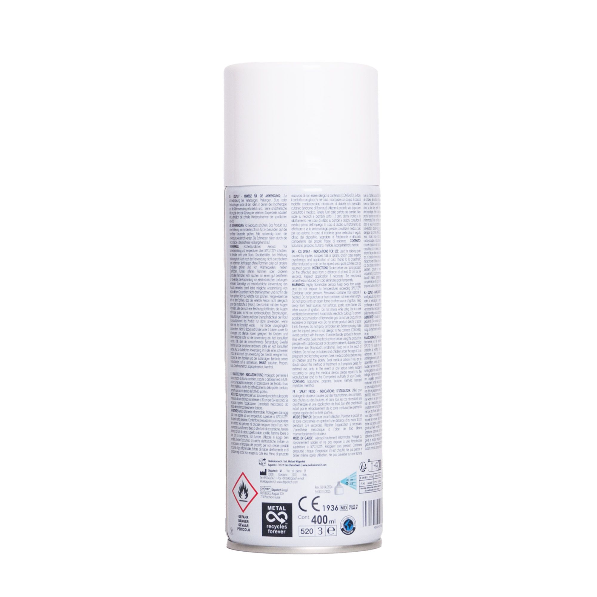 Rückseite einer Kältespray-Dose. Text und Piktogramme auf weißem Hintergrund. Medizinprodukt.
