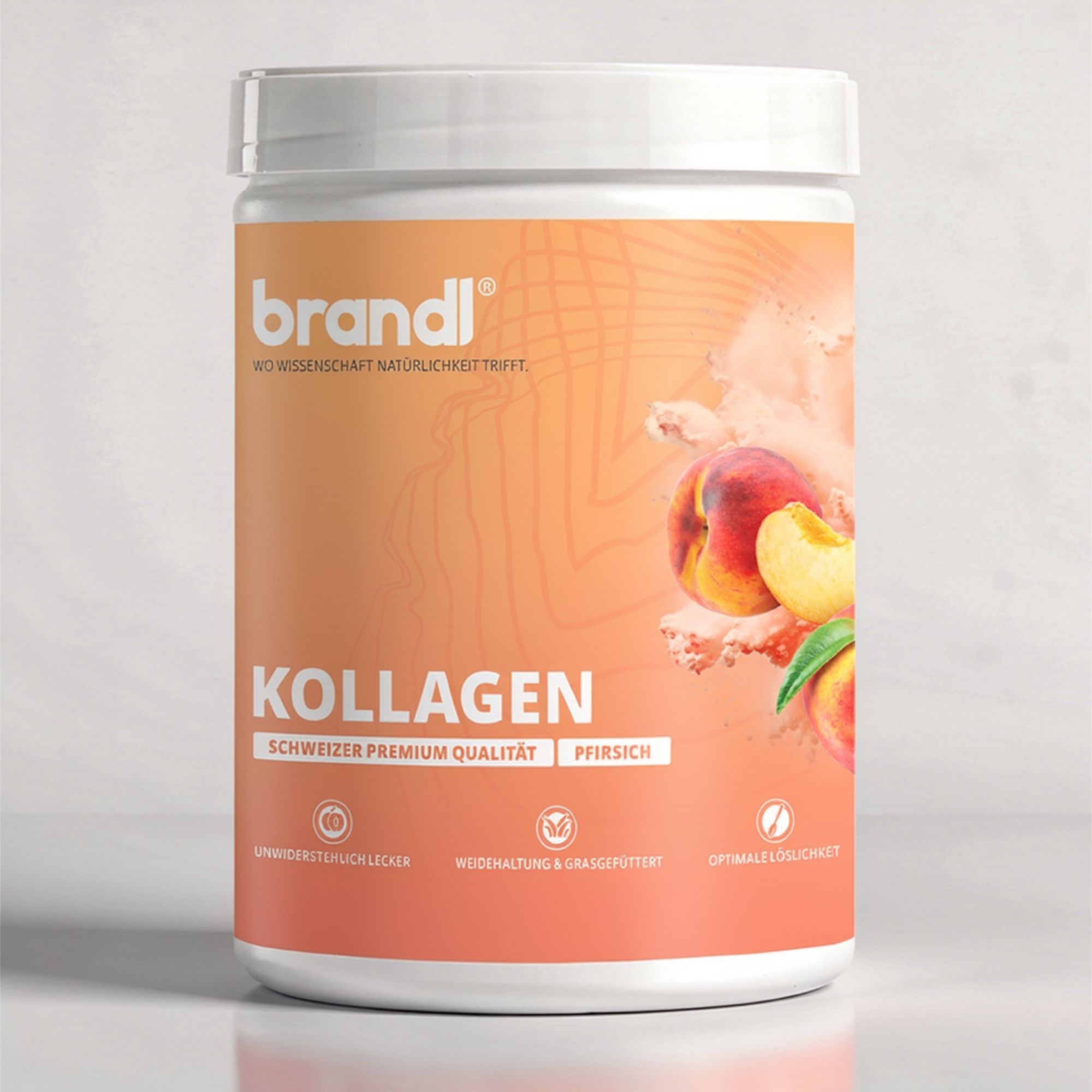 Braune Dose mit weißem Deckel, Kollagenpulver mit Pfirsichgeschmack. Enthält Pfirsichstücke und Pulver.