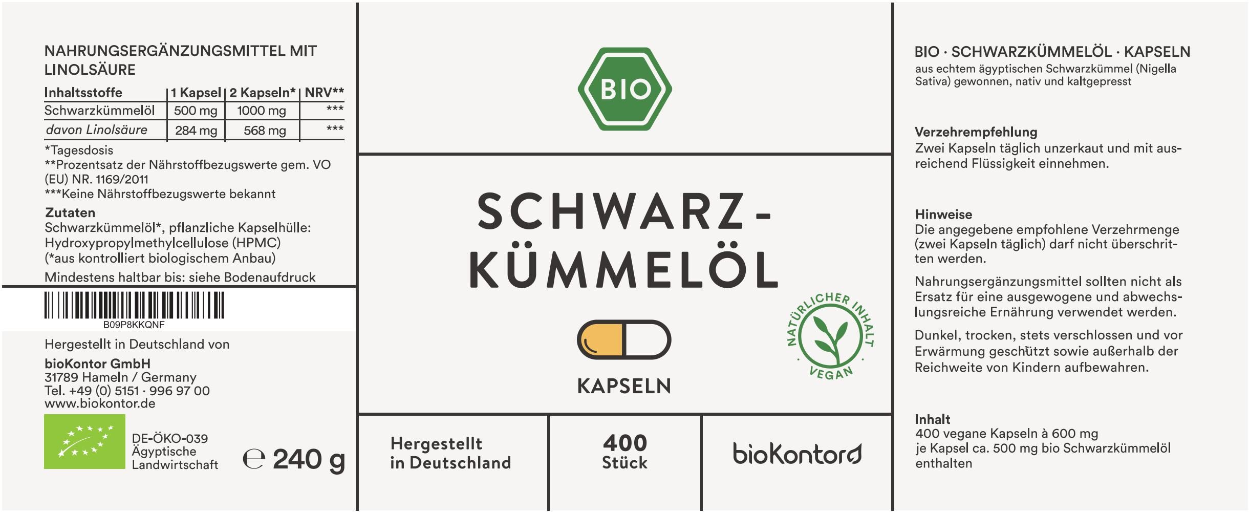 Etikett mit Text: "SCHWARZKÜMMELÖL Kapseln", "BIO"-Siegel, "400 Stück", Inhaltsstoffe und Nährwertangaben. Vegan-Siegel.