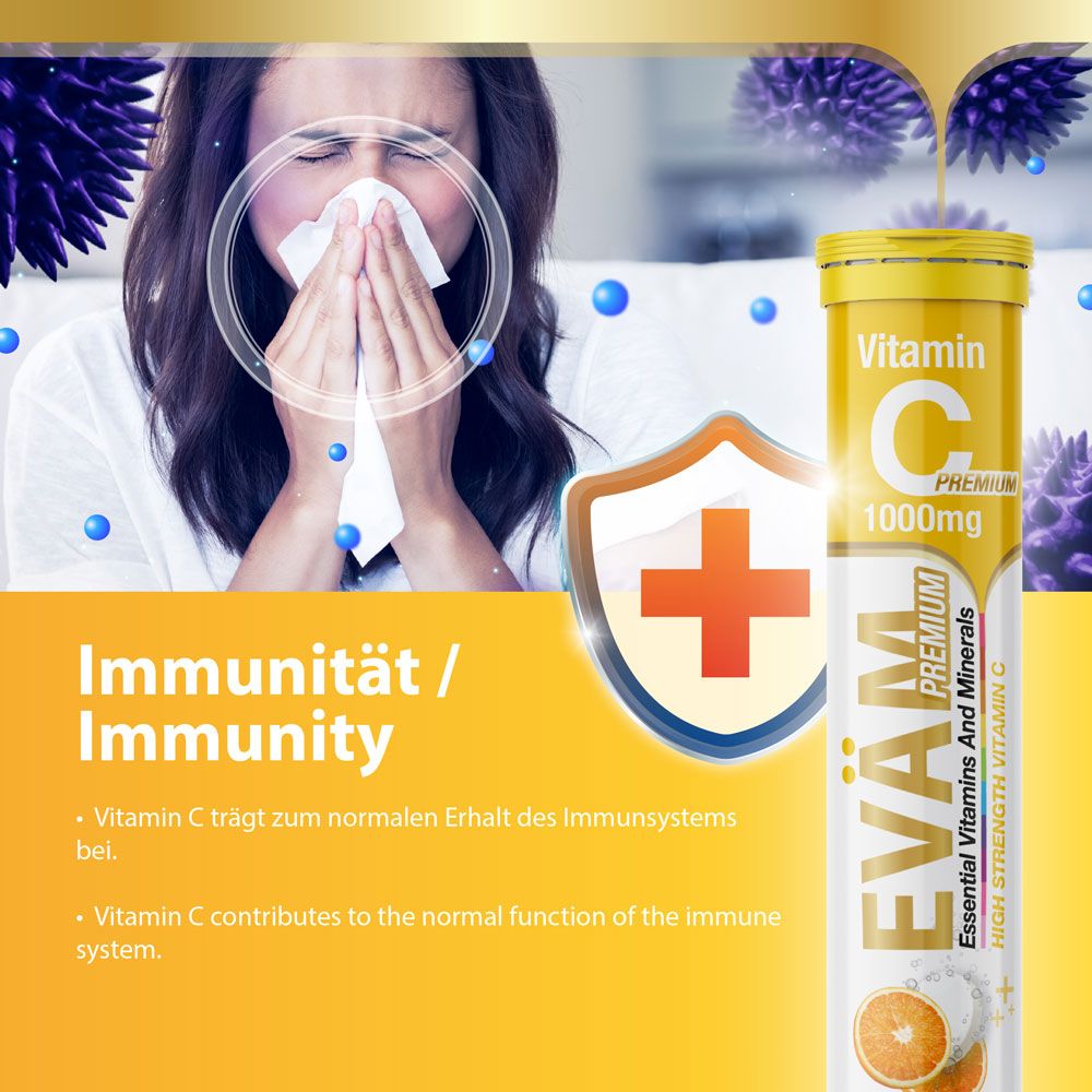 Eine Frau niest in ein Taschentuch neben einer Tube EVÄM Vitamin C 1000mg. Gelber Deckel, weiße Röhre mit Produktinformationen. Hintergrund: Illustrationen.