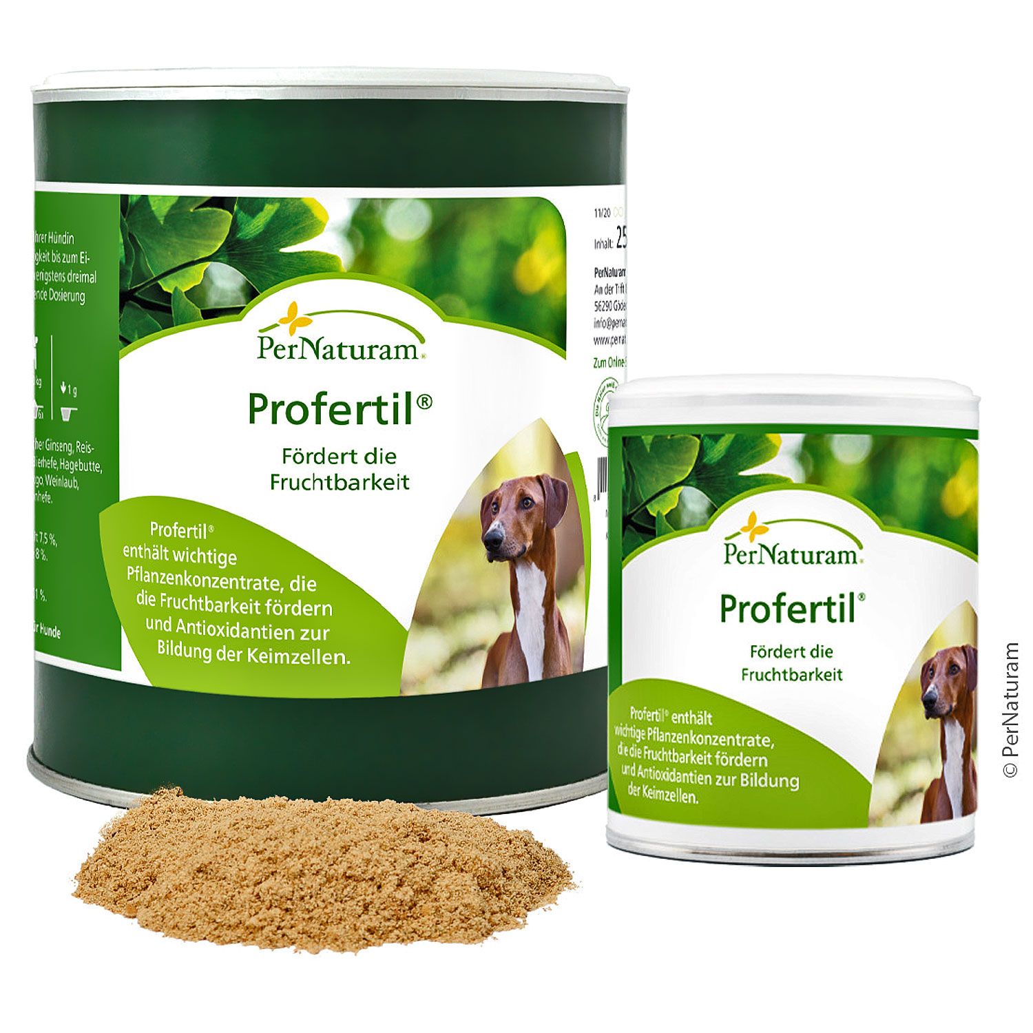 Zwei Dosen PerNaturam Profertil, eine mit Pulver daneben. Etiketten mit Produktnamen, Hundebild und Text. Grüne und weiße Verpackung.