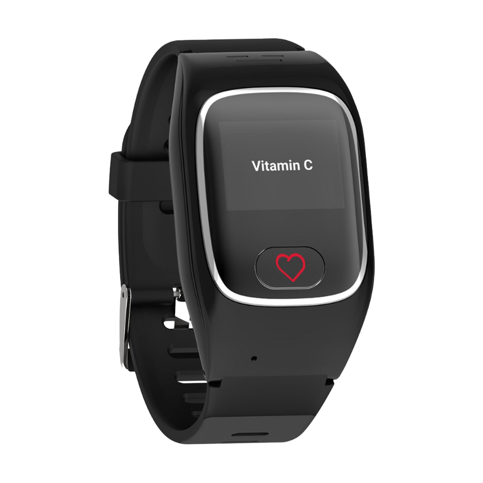 Schwarze Smartwatch mit Herzfrequenzsensor. Display zeigt 'Vitamin C'.