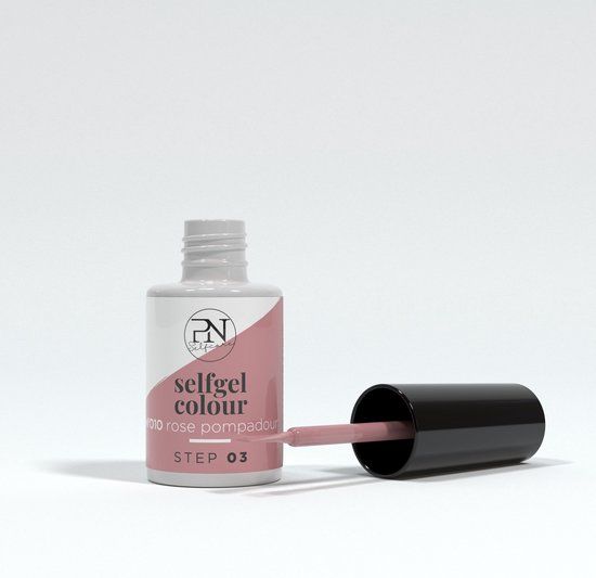 Flasche PN Selfgel Vernis Semi-Permanent, Farbe N10 Rose Pompadour. Deckel und Pinsel liegen daneben. Weißes Etikett mit Logo und Produktbezeichnung.