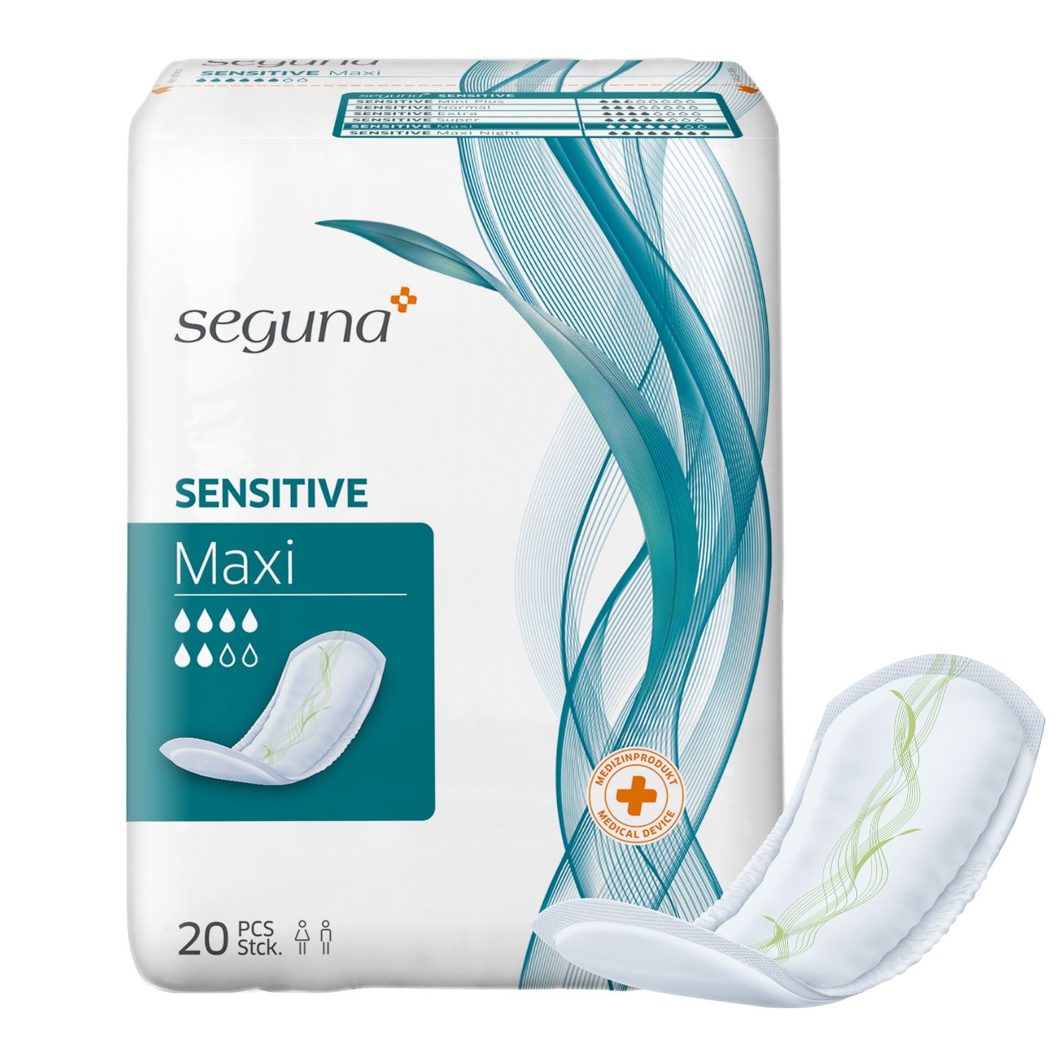 Verpackung SEGUNA Sensitive Maxi. 20 Stück. Produkt und einzelne Einlage. Medizinprodukt.