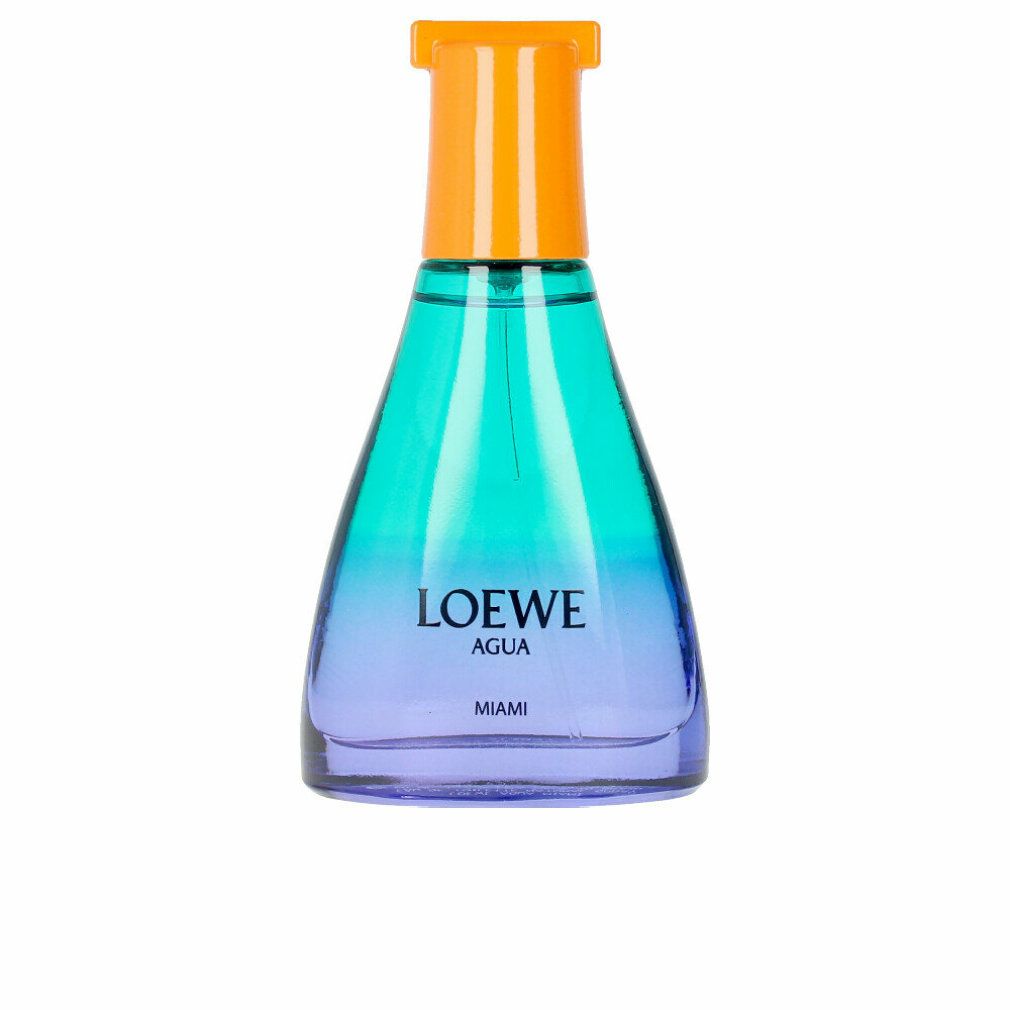 Parfümflakon. Farbverlauf von Blau nach Grün. Orangefarbener Verschluss. Schriftzug LOEWE AGUA MIAMI.