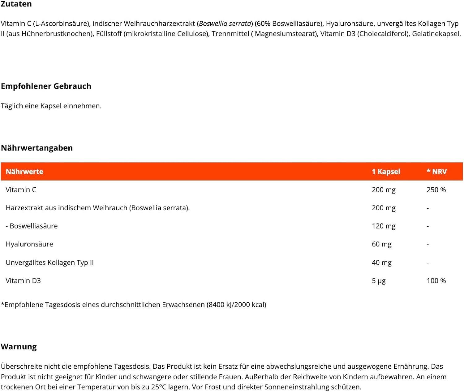 Nährwertangaben für GymBeam Kollagen Typ II Joint Complex, mit Vitamin C, Hyaluronsäure und Kollagen.