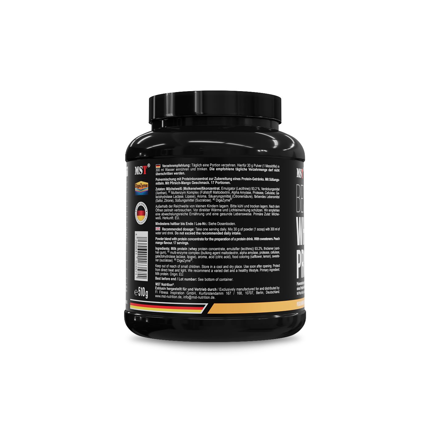 Rückseite eines schwarzen MST Best Whey Protein Behälters mit detaillierten Informationen und Siegeln.
