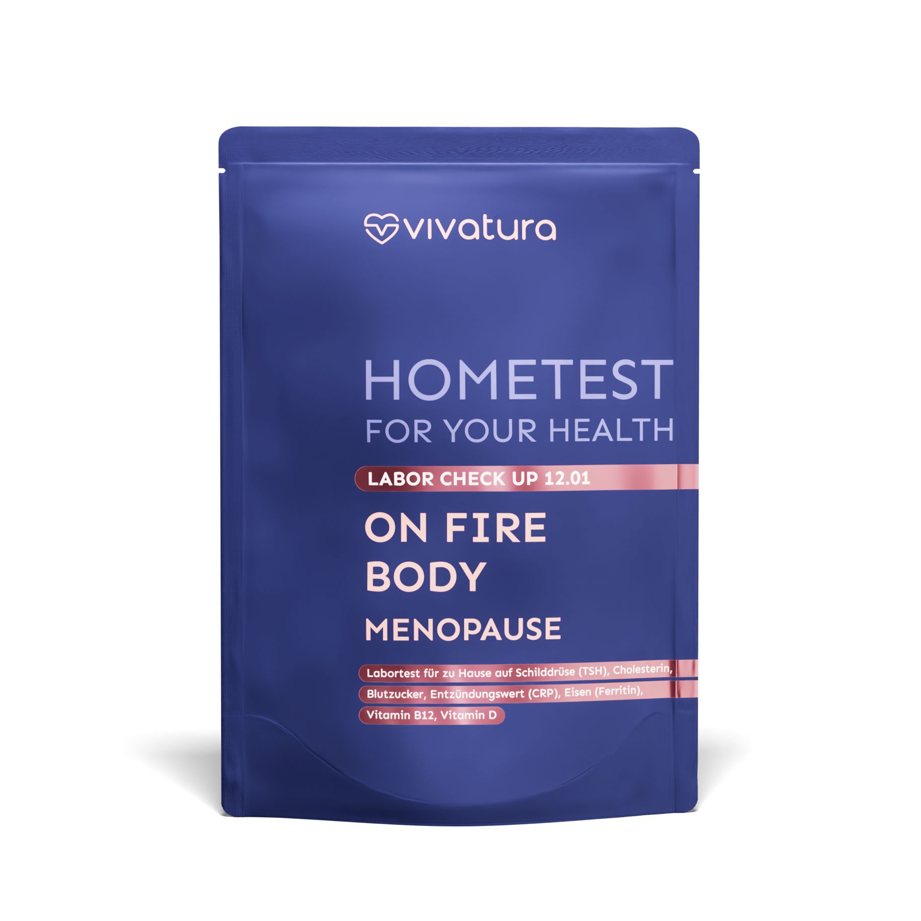 Blauer Beutel mit vivatura® Logo und Aufschrift "HOMETEST". Enthält Informationen zu Menopause-Laborcheck.