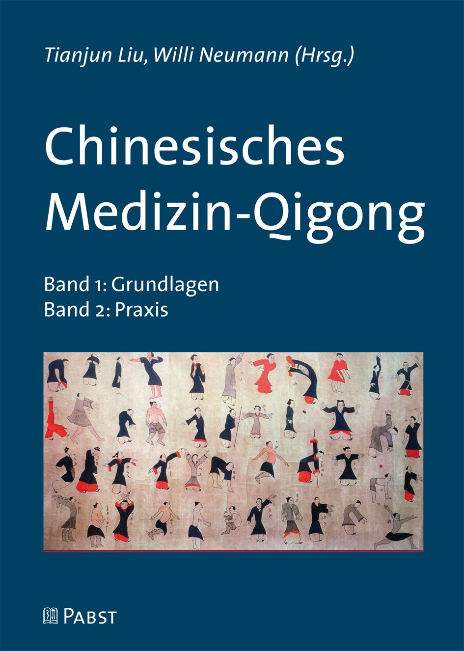 Buchcover: Chinesisches Medizin-Qigong. Titel in Weiß auf blauem Hintergrund. Abbildung von Personen in verschiedenen Posen.