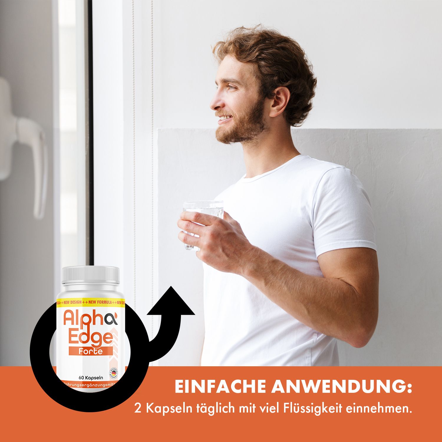 Mann trinkt Wasser, neben ihm Flasche Alpha Edge Forte. Text: Einfache Anwendung: 2 Kapseln täglich mit viel Flüssigkeit einnehmen. Männliches Symbol.