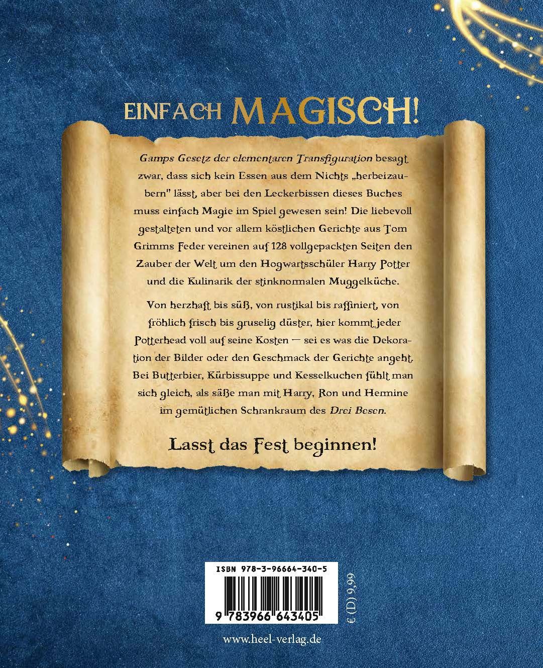 Buchrückseite "Das kleine Koch- und Backbuch für Potterheads". Text auf Schriftrolle, Titel "Einfach magisch!". ISBN und Preis.