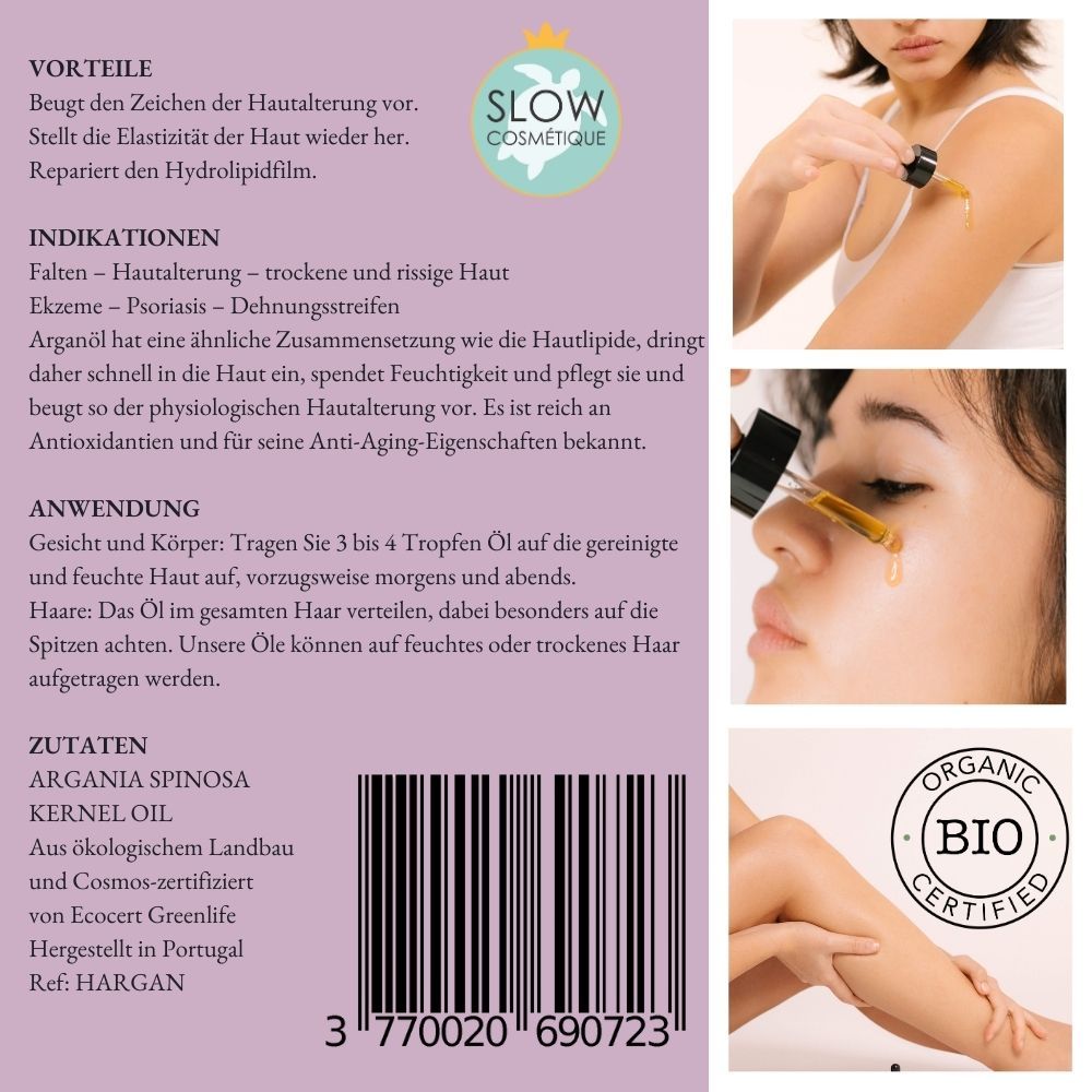 Produkt-Werbetafel mit Text: SOWÉ, Bio-Arganöl, Vorteile, Indikationen, Anwendung, Zutaten. Bio-Zertifizierung. Fotos von Haut.
