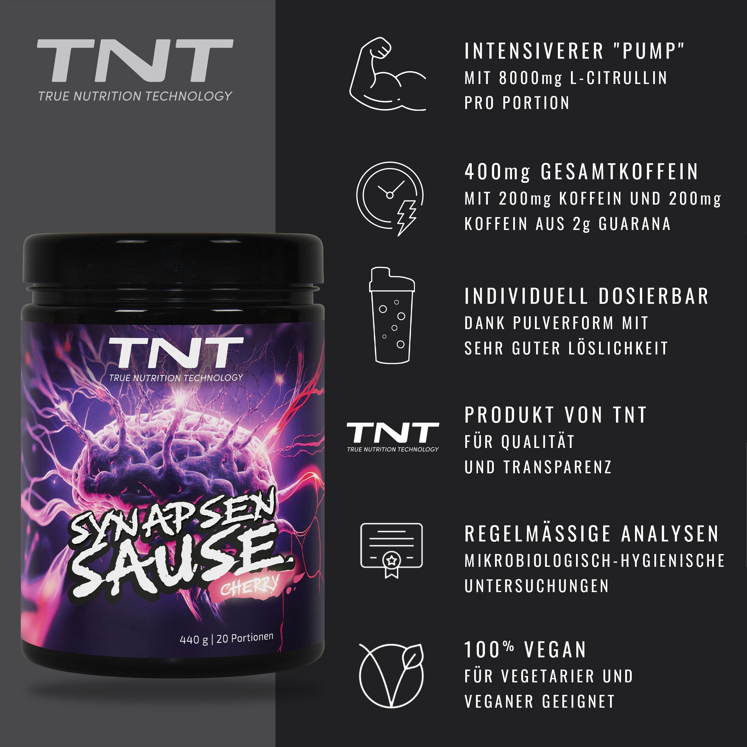 Schwarzes Produktglas mit lila Etikett. Text: TNT Synapsensause, Cherry. Enthält 440g, 20 Portionen. Zusätzliche Informationen auf dem Etikett.