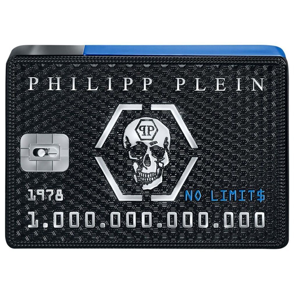 Schwarze rechteckige Verpackung mit Totenkopf-Design, "Philipp Plein"-Logo und "No Limits" Schriftzug. Blaue Oberseite.