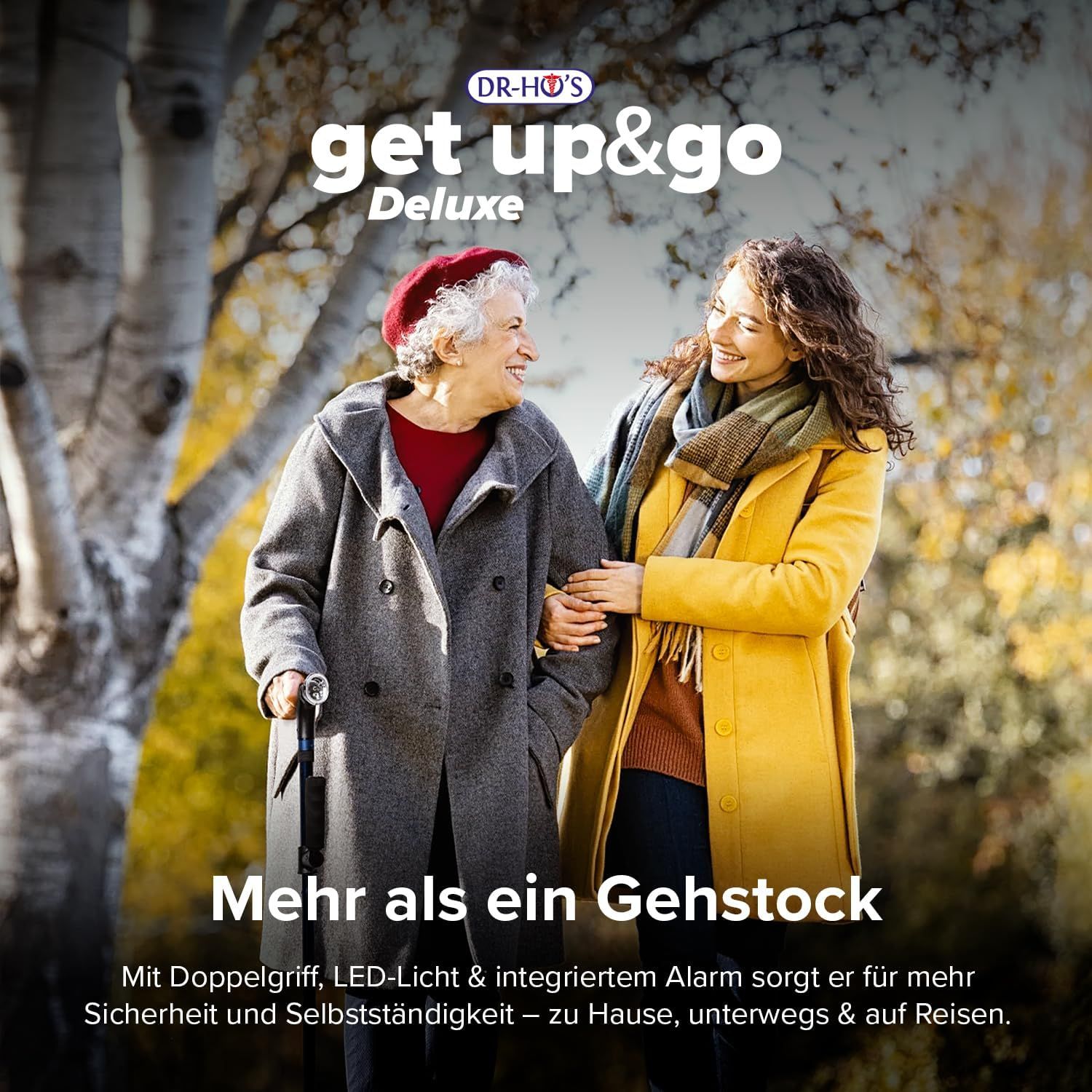 DR-HO'S Get Up & Go Gehstock mit LED-Licht, Alarmknopf & 4-Punkt-Standfuß