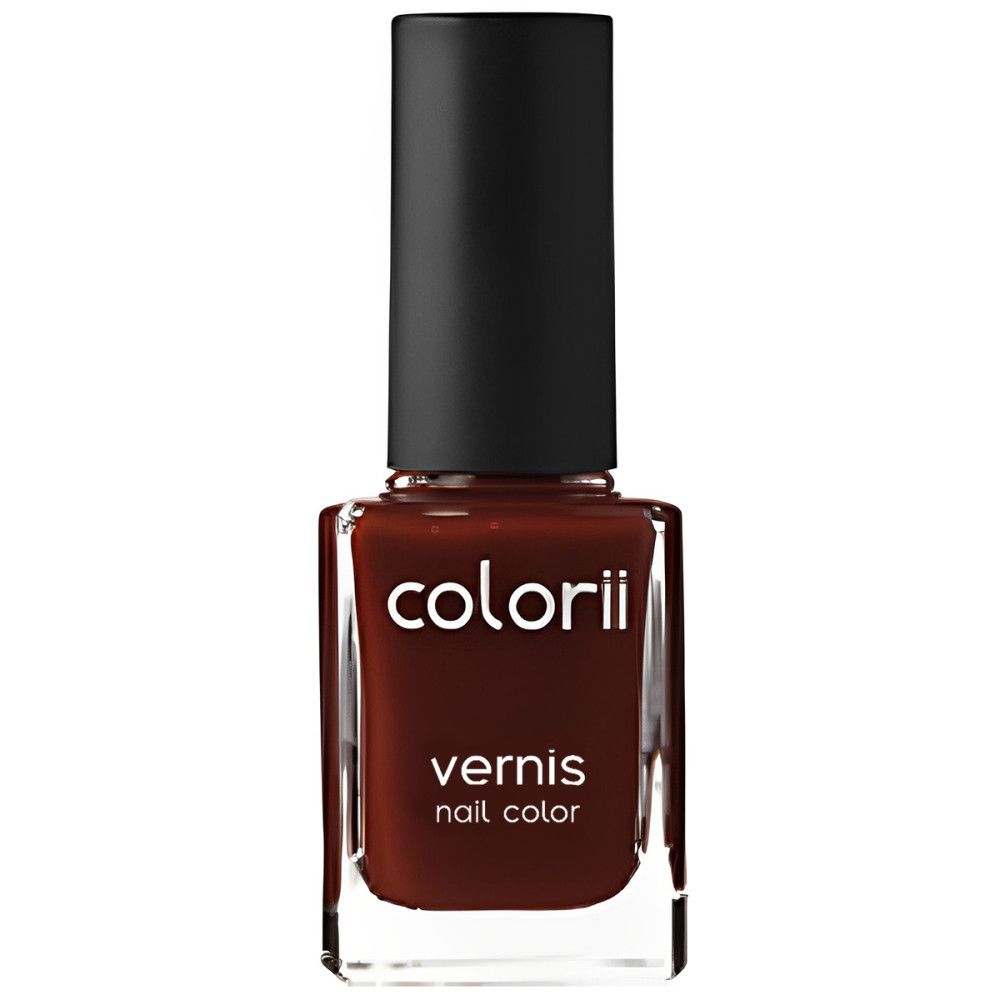 Nagellackflasche mit braunem Inhalt und schwarzem Deckel. Auf der Flasche steht "colorii" und "vernis nail color".