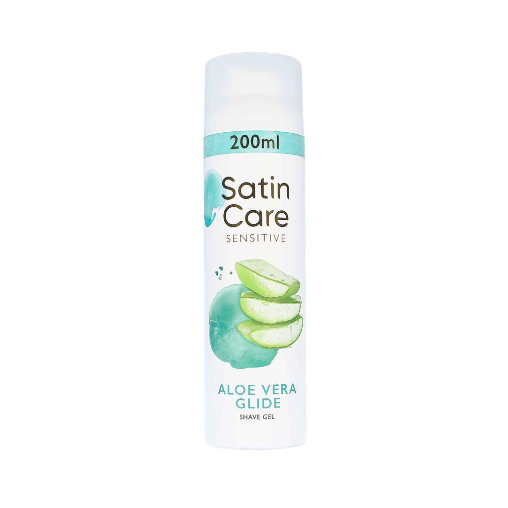 Gillette Satin Care Aloe Vera Glide Rasiergel. Weiße Dose mit blauer Banderole und Aloe Vera-Illustration. 200ml.
